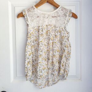 Yellow and white floral and lemon print tank top with lace trim